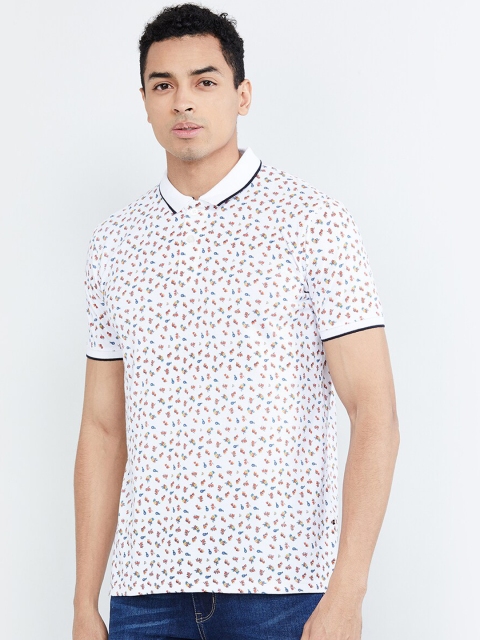 

max Men White & Orange Floral Print Polo Collar T-shirt