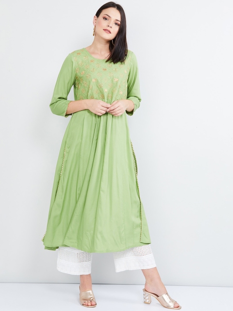 

max Women Green Embroidered A-Line Kurta