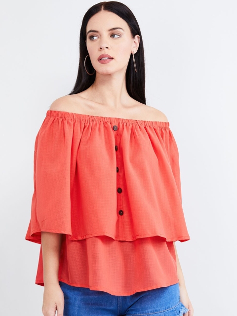 

max Women Coral-Coloured Solid Bardot Top