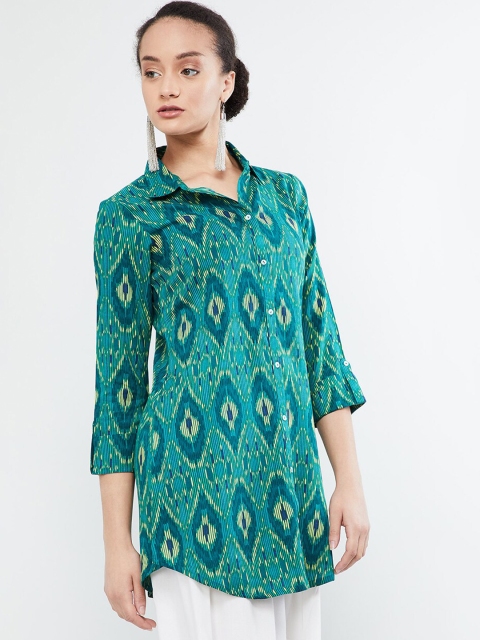 

max Women Green & Blue Ikat Print Pathani Kurti