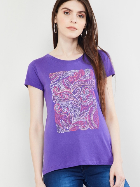 

max Women Violet Printed Round Neck T-shirt
