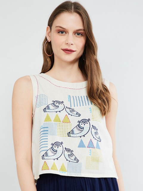 

max Women Cream-Coloured Printed Crop Top