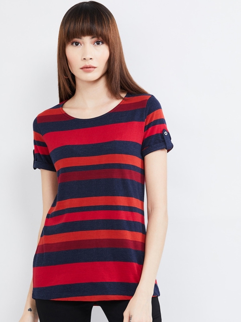 

max Women Red & Navy Blue Striped Round Neck T-shirt