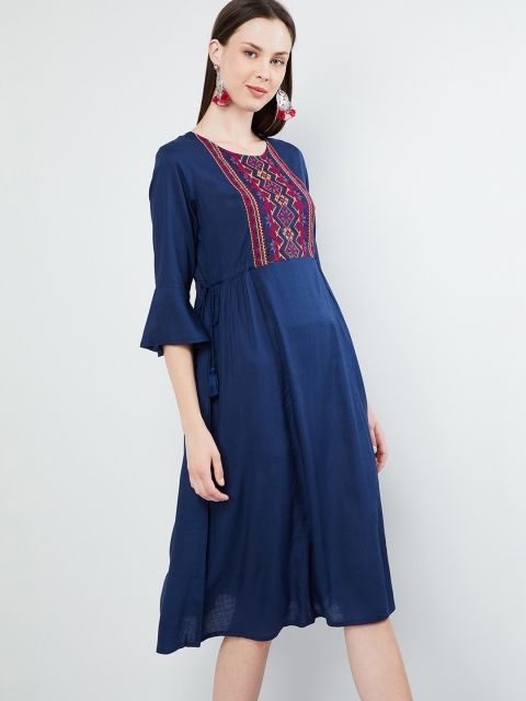 

max Women Navy Blue & Pink Embroidered Ethnic A-Line Dress