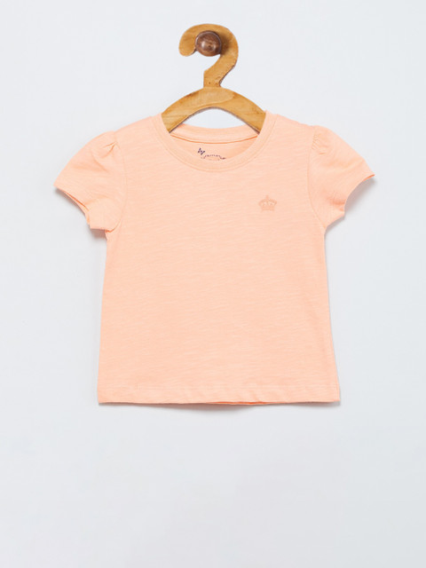 

max Girls Peach-Coloured Solid Round Neck T-shirt