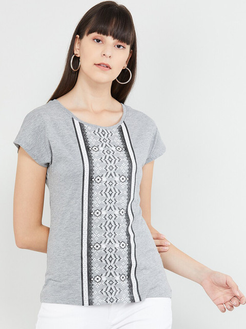 

max Women Grey Printed Round Neck T-shirt