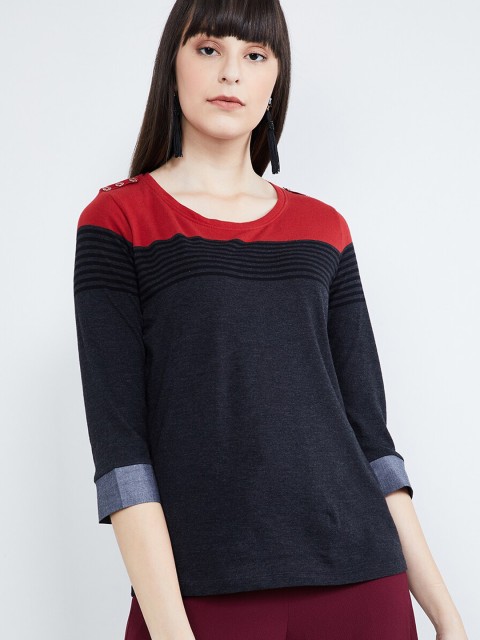 

max Women Charcoal Grey & Red Colourblocked Round Neck T-shirt