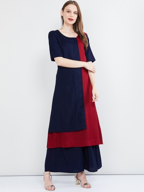 

max Women Red & Navy Blue Colourblocked A-Line Kurta