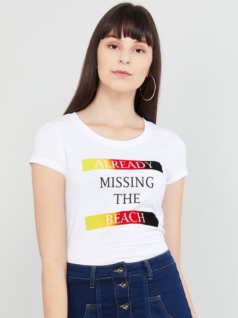 max Women White Printed Round Neck T-shirt