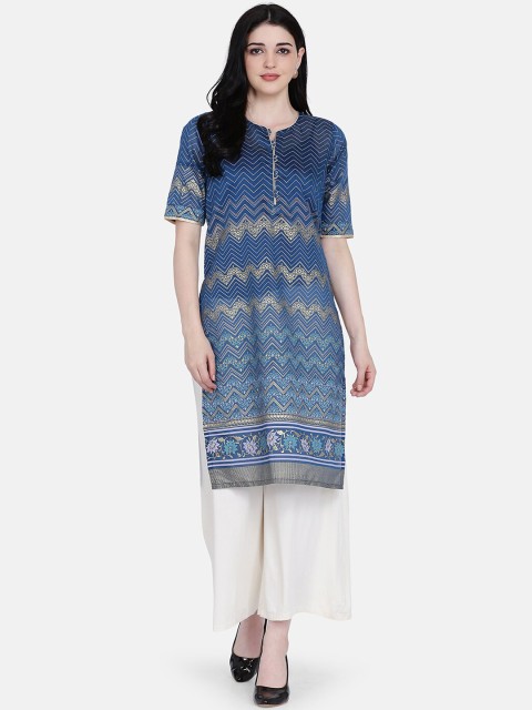 

Ojjasvi Women Navy Blue & Gold-Toned Woven Design Straight Kurta