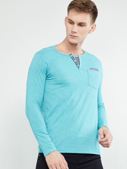 

max Men Blue Solid Henley Neck T-shirt