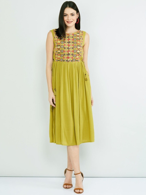 

max Women Lime Green Self Design Fit & Flare Dress