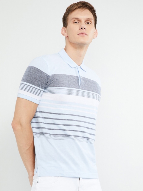 

max Men Blue Striped Polo Collar T-shirt