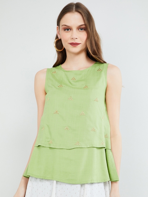 

max Women Green Embroidered Tiered Top