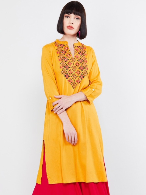 

max Women Mustard Yellow Embroidered Straight Kurta
