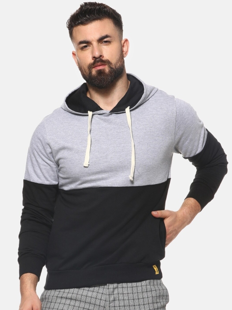 

Campus Sutra Men Black & Grey Melange Colourblocked Hooded Sweatshirt