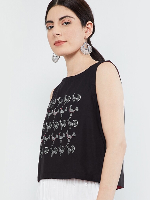 max Women Black & Grey Printed Boxy Top