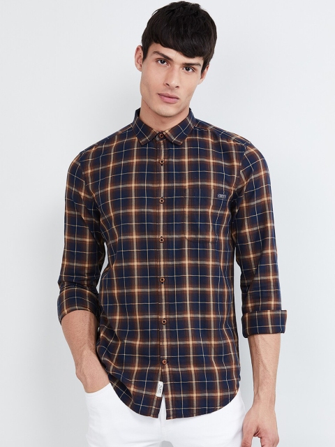 max Men Brown & Blue Slim Fit Checked Casual Shirt