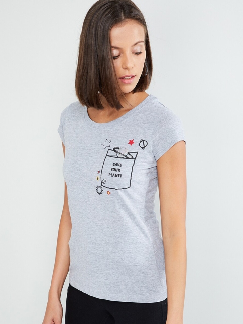 

max Women Grey Printed Round Neck T-shirt