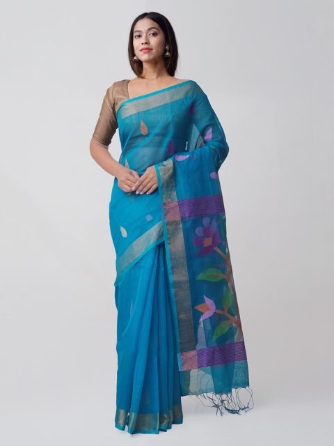 

Unnati Silks Blue Silk Cotton Woven Design Handloom Jamdani Saree
