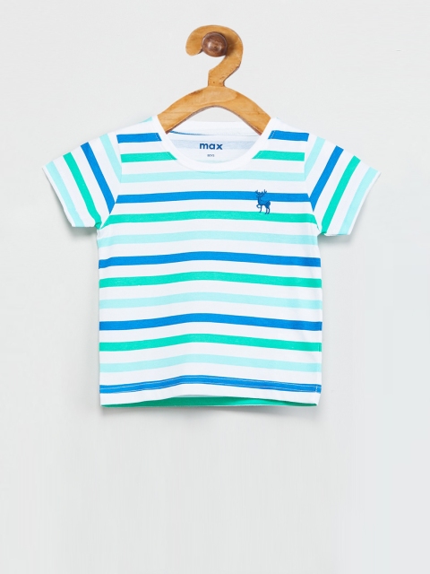 

max Boys White & Green Striped Round Neck T-shirt