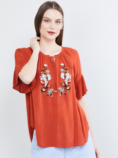 

max Women Rust Orange & White Floral Embroidered Top
