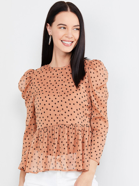 

max Women Tan Brown Printed Cinched Waist Top