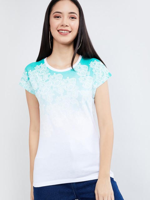 

max Women White & Turquoise Blue Paisley Print Ombre T-shirt