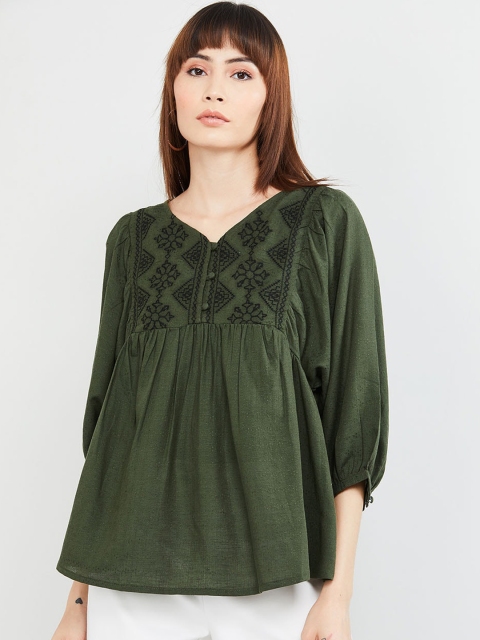 

max Women Olive Green Embroidered A-Line Top