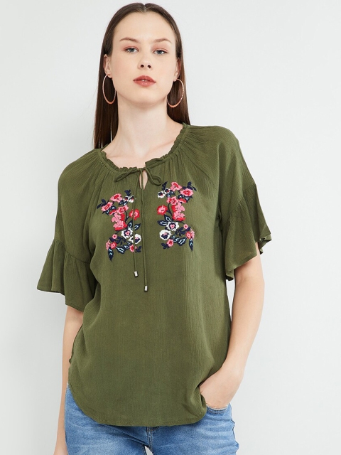 

max Women Olive Green Self Design Top