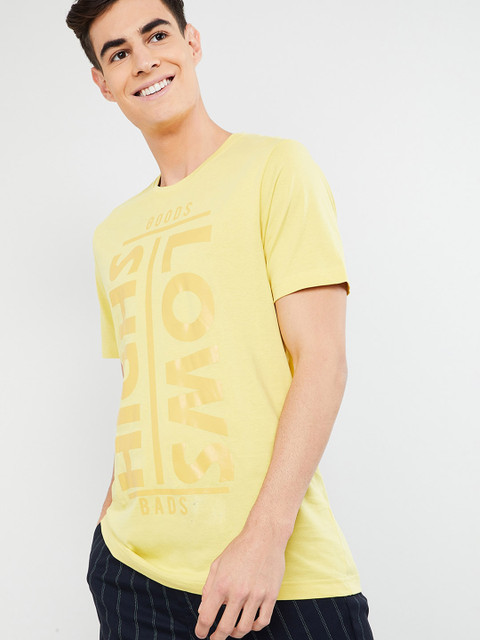 

max Men Yellow Printed Round Neck T-shirt