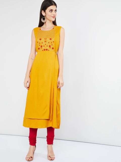 

max Women Mustard Yellow & Red Embroidered A-Line Layered Kurta with Tie-Ups