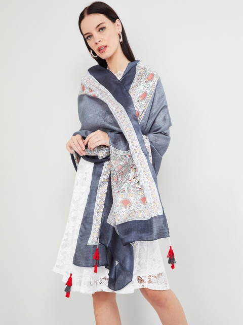 

max Women Grey & White Printed Scarf with Tasselled Border