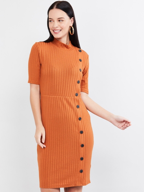 

max Women Rust Orange Ribbed Sheath Dress