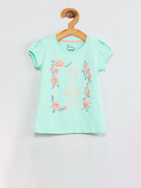 

max Girls Mint Green & Peach Floral Print T-shirt