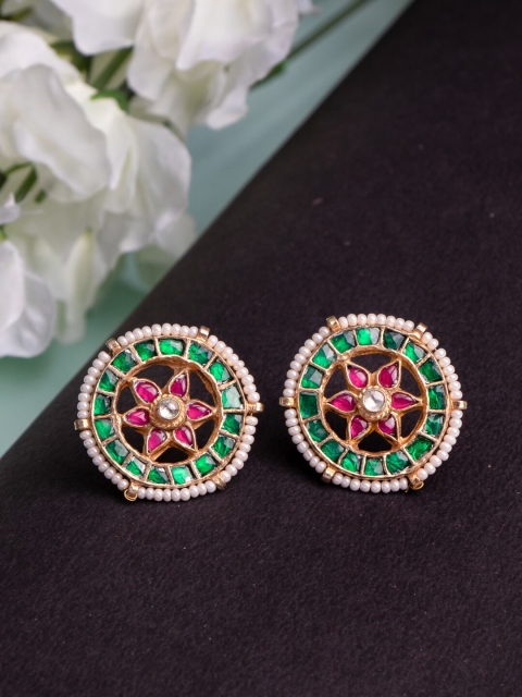 

MORKANTH JEWELLERY Gold-Plated Pink & Green Kundan Embellished Circular Studs