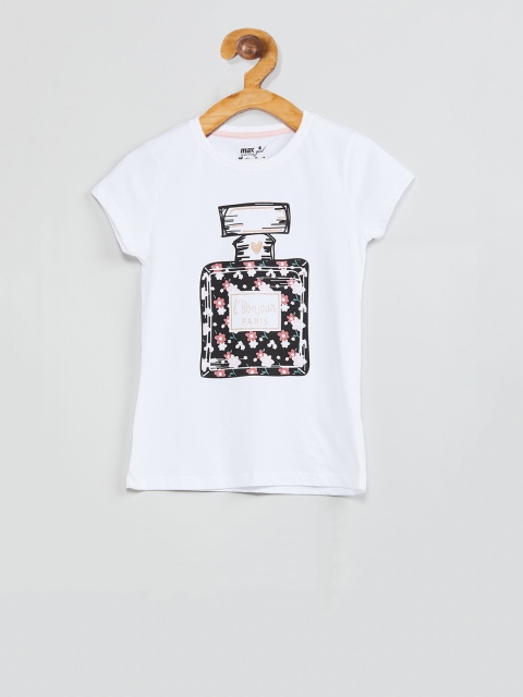 

max Girls White Printed Round Neck T-shirt