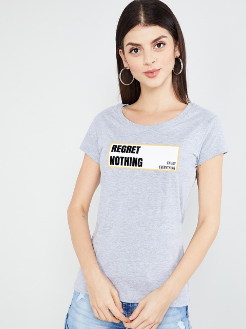 

max Women Grey Printed Round Neck T-shirt