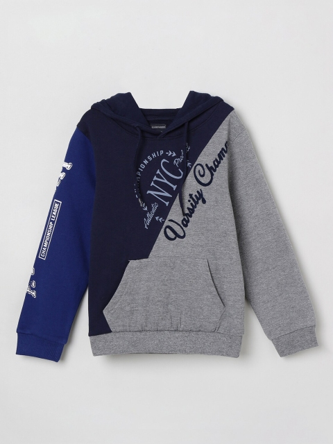 

max Boys Grey & Blue Printed Hooded Sweatshirt