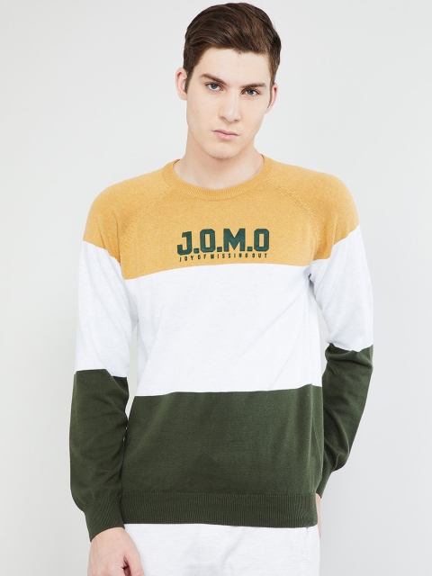 

max Men Mustard Yellow & White Colourblocked Pullover Sweater