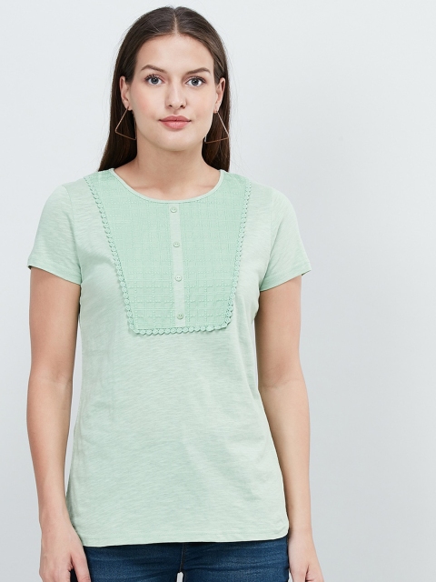 

max Women Mint Green Self Design Round Neck T-shirt