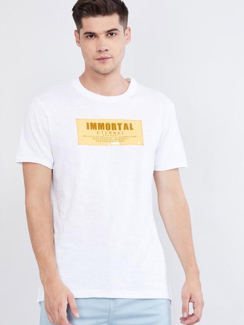 

max Men White & Yellow Printed Round Neck T-shirt