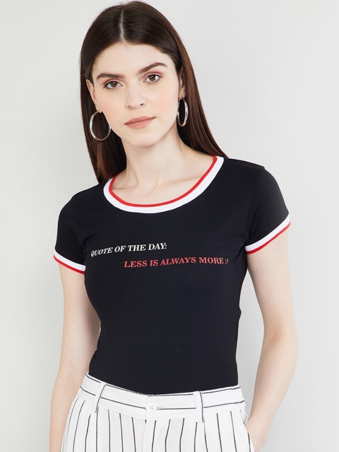 max Women Black Printed Round Neck T-shirt