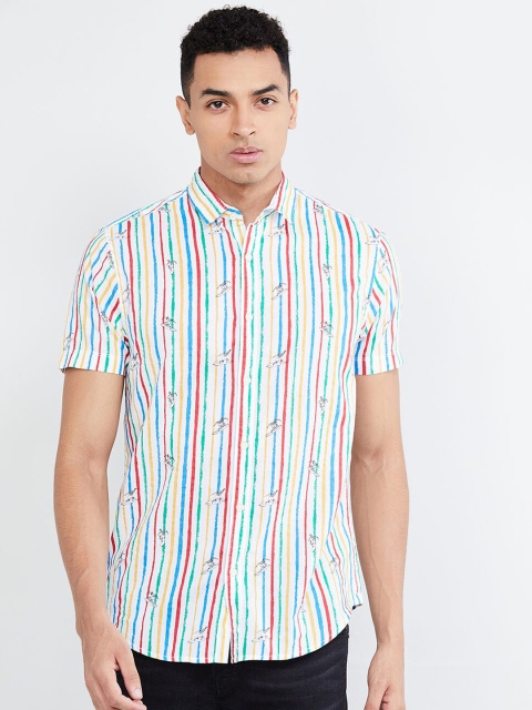 

max Men White & Yellow Slim Fit Striped Casual Shirt