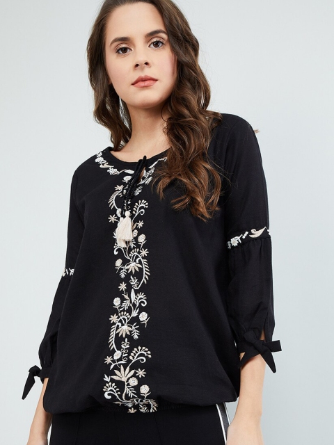 

max Women Black & White Embroidered Blouson Top