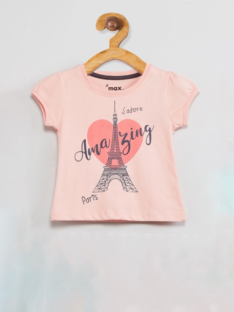 

max Girls Peach-Coloured Printed Round Neck T-shirt