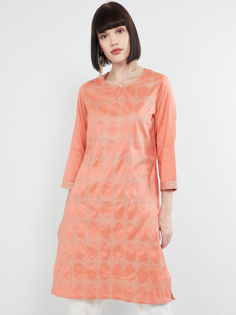 

max Women Coral Peach & Gold-Toned Embroidered Straight Kurta