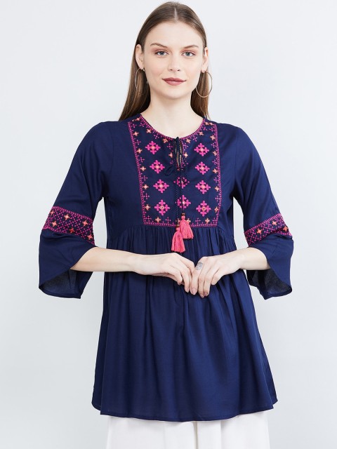 

max Women Navy Blue & Pink Embroidered A-Line Top