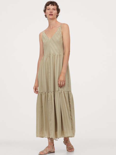 

H&M Women Khaki Checked V-Neck Maxi Dress