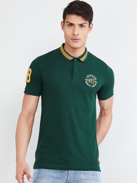 

max Men Green Solid Mandarin Collar T-shirt